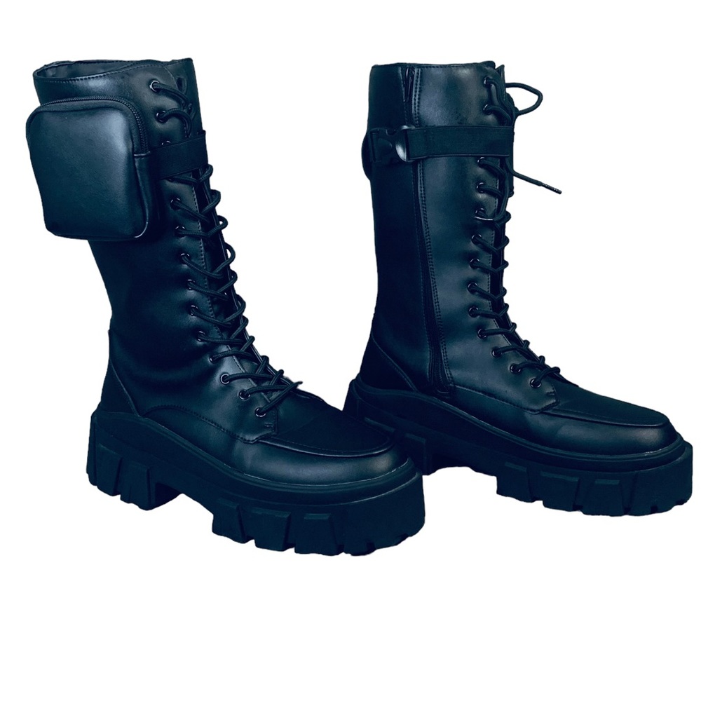 Hi Liace Up Calf Boot//Faux Leather with Pocket Detail